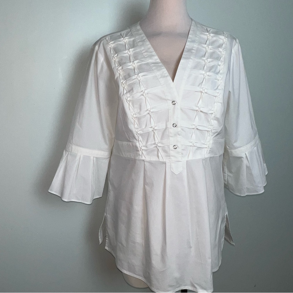 Dana Buchman White Pintuck Ruffle Sleeve Blouse V-Neck Tunic Top Women’s Size XL